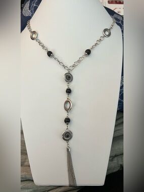 Paparazzi Long Silvertone Drop Necklace with Black Beads